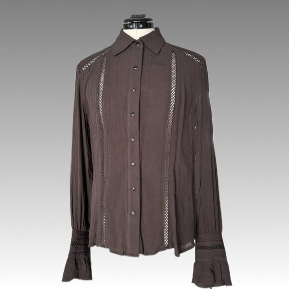 NWT CRUEL DENIM Crinkle Gauze Snap Shirt Crochet Western Prairie Romance Brown S - Picture 2 of 13